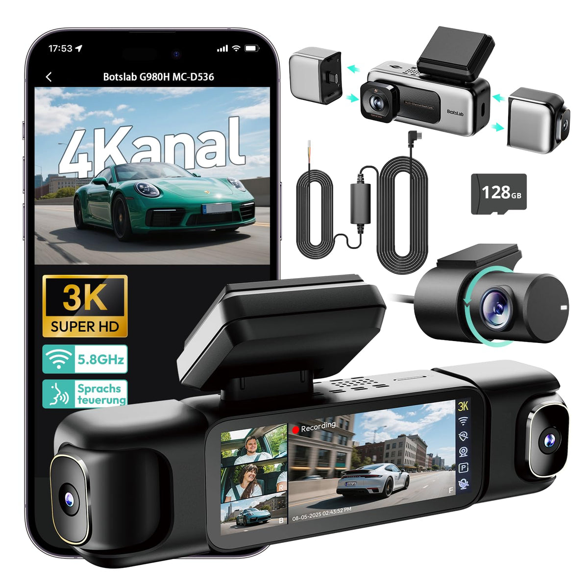 4-Kanal-Dashcam G980H mit 360°-Rundum-Aufnahme, 3K+1080P×3, 24/7-Parkmodus und 128 GB SD-Karte