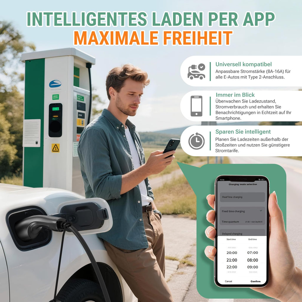 Mobile Wallbox 11 kW mit App-Steuerung, 400 V, 8-16 A, 3-phasig, 7,6 m Typ-2-Ladekabel, IP66, OLED, inkl. Transporttasche und Wandhalterung, schwarz