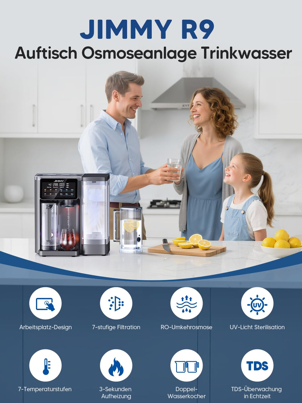 Umkehrosmoseanlage Auftisch mit Heißwasserspender, 7-stufige Filterung mit UV und Mineralien, 5 L Tank, 7 Temperaturstufen
