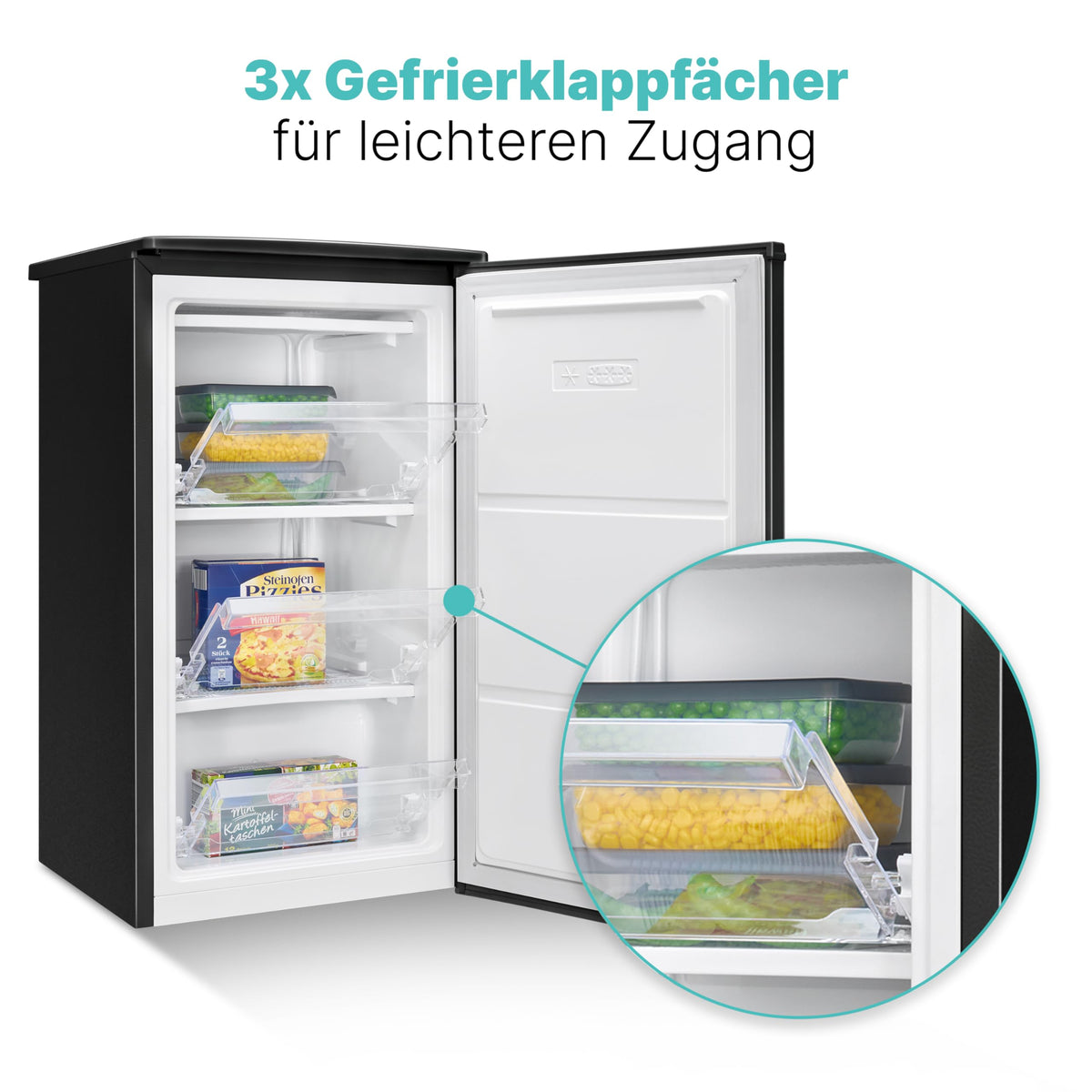 Gefrierschrank 60 L mit 4-Sterne-Gefrierfach, GS 7256, 3 Fächer, leise, wechselbarer Türanschlag, schwarz