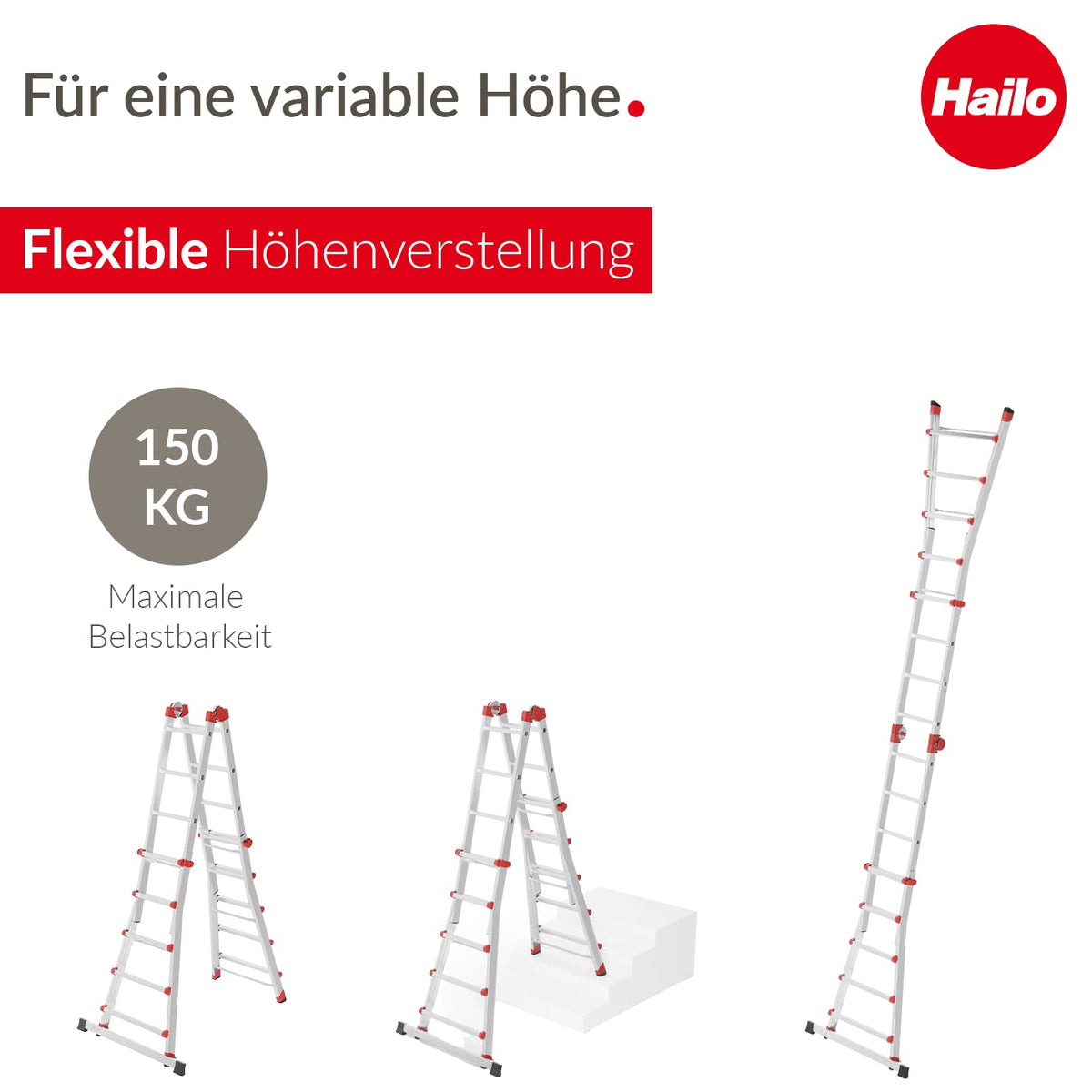 Multifunktionsleiter Alu 4x5 Sprossen mit Sicherheitsgelenken und Rastgriffen, höhenverstellbar bis 150 kg