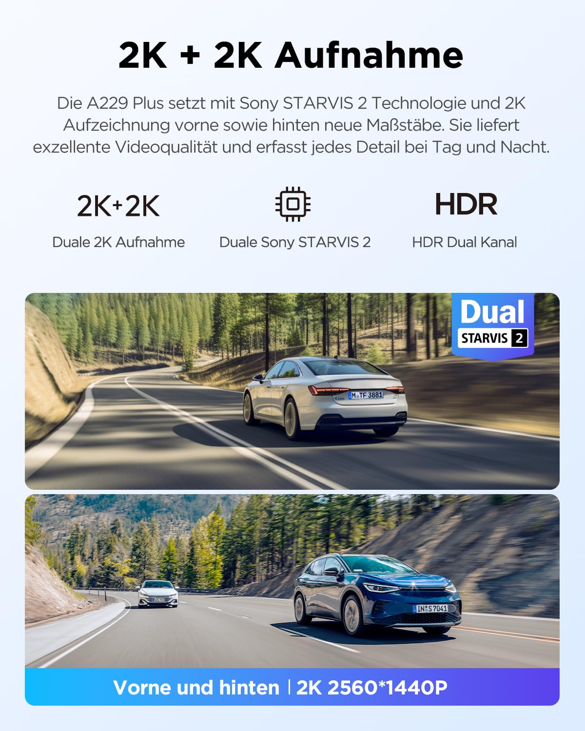Dashcam A229 Plus 2CH Dual 2K HDR STARVIS 2 5 GHz WLAN GPS Sprachsteuerung 140° Sichtfeld