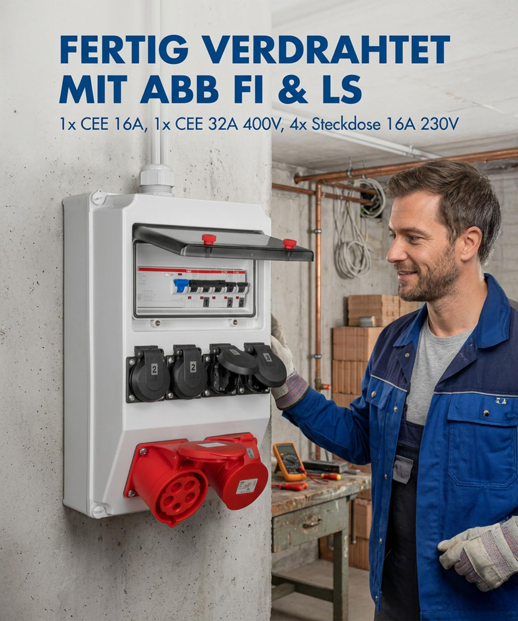 Wandverteiler Aufputz CEE 16A/32A mit 4 Schuko-Steckdosen und FI-Schutzschalter, IP54