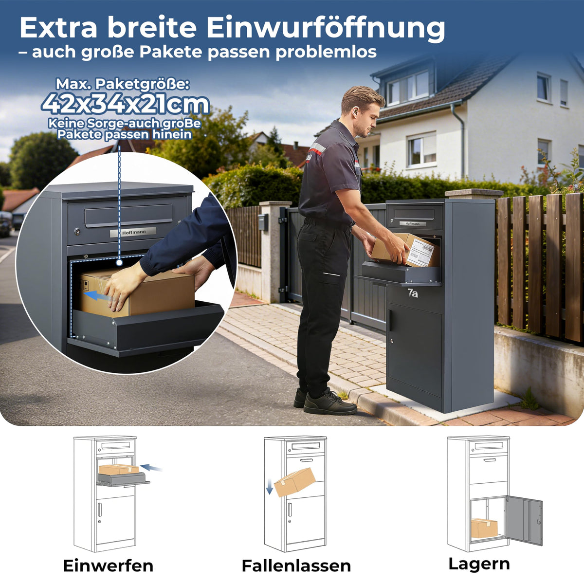 Paketbox mit Briefkasten und Paketfach 112 x 50 x 39 cm 85 L abschließbar aus verzinktem Stahl mit 4 Schlüsseln Anthrazit