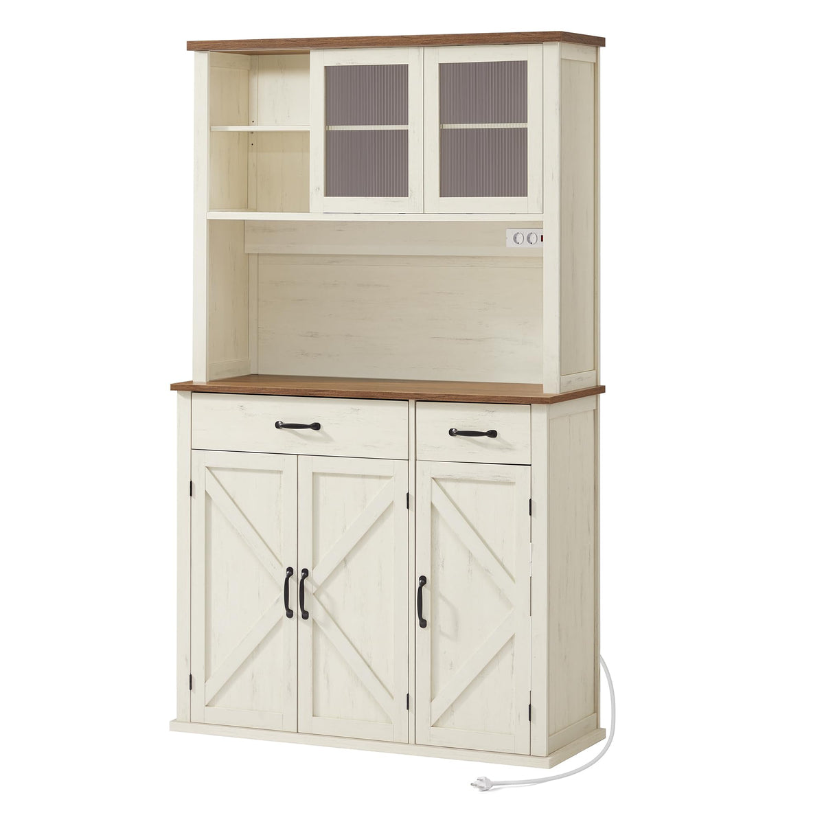 Sideboard mit Beleuchtung und Ladestation, Küchenschrank mit 6 offenen Fächern, 2 Schubladen und Schiebetüren, 106,5 cm breit