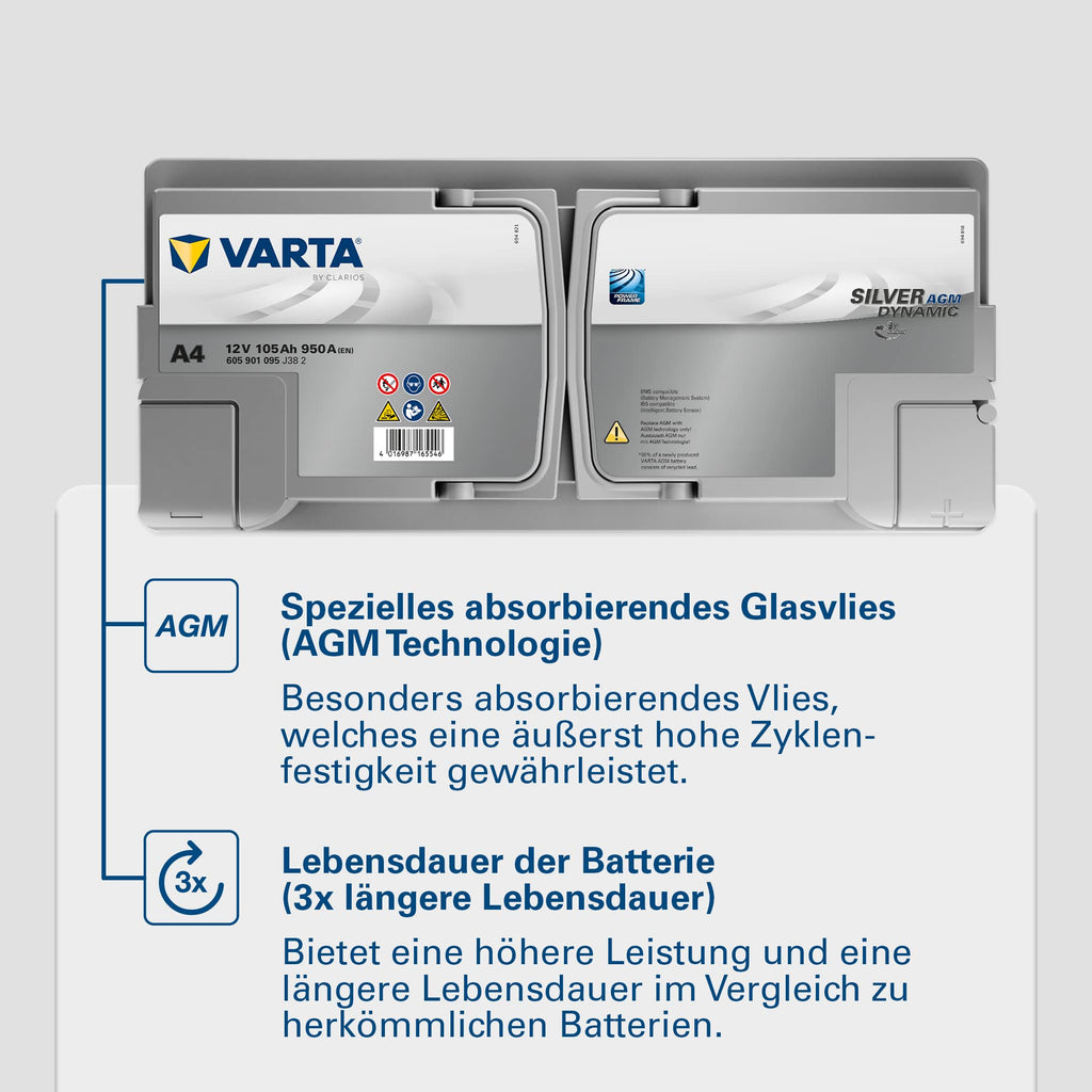 AGM Autobatterie 12 V 105 Ah 950 A A4 Start-Stopp xEV Starterbatterie 6 Zellen SAE-Klemme 394 x 175 x 190 mm