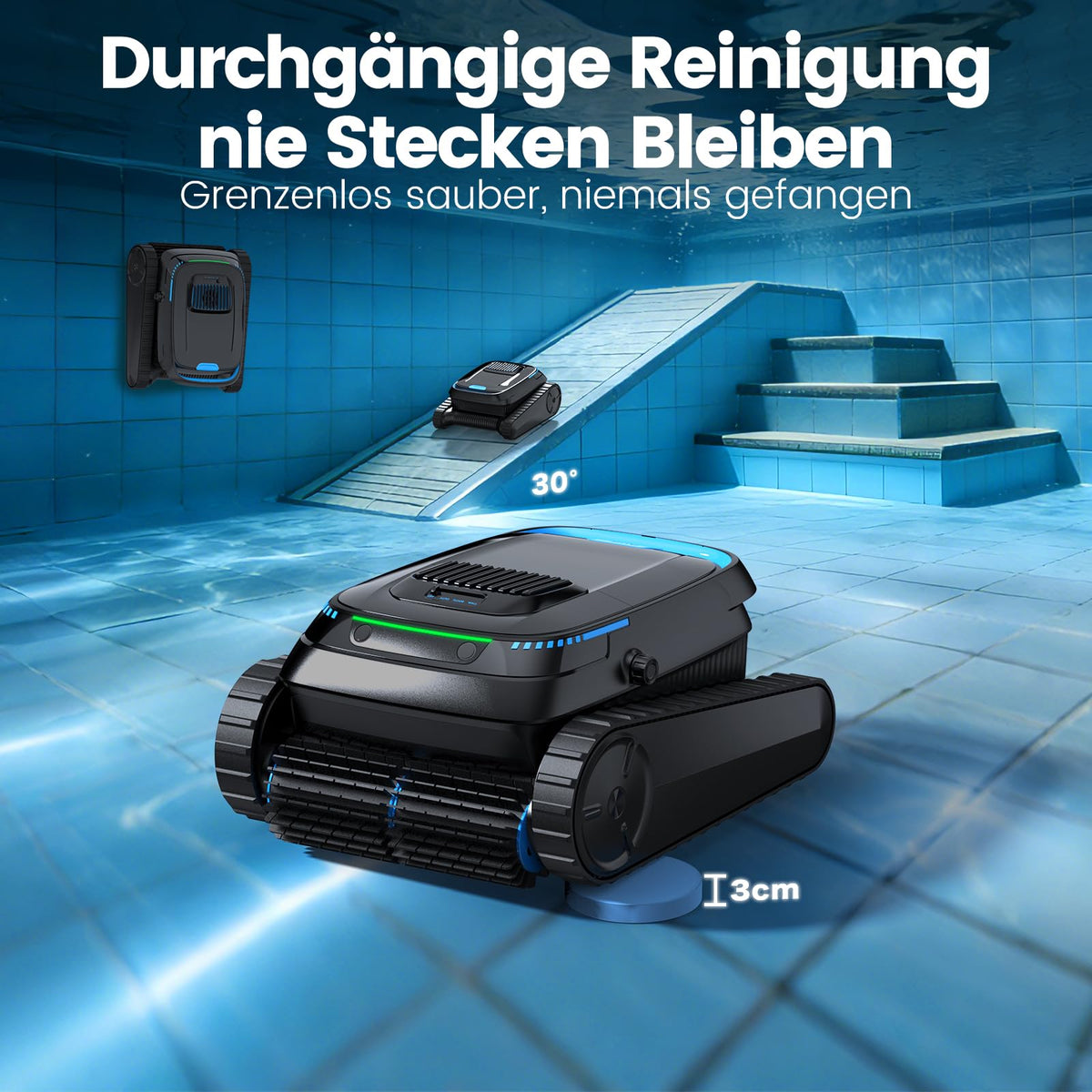 Kabelloser Poolroboter PC10 für Boden, Wand und Wasserlinie, 18.927 LPH Saugleistung, 4-Liter-Filterkorb