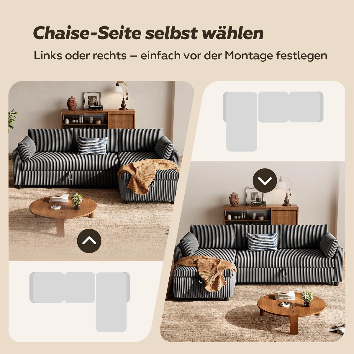Ecksofa mit Schlaffunktion in L-Form aus Cord, Steingrau, 209 cm breit, mit Stauraum