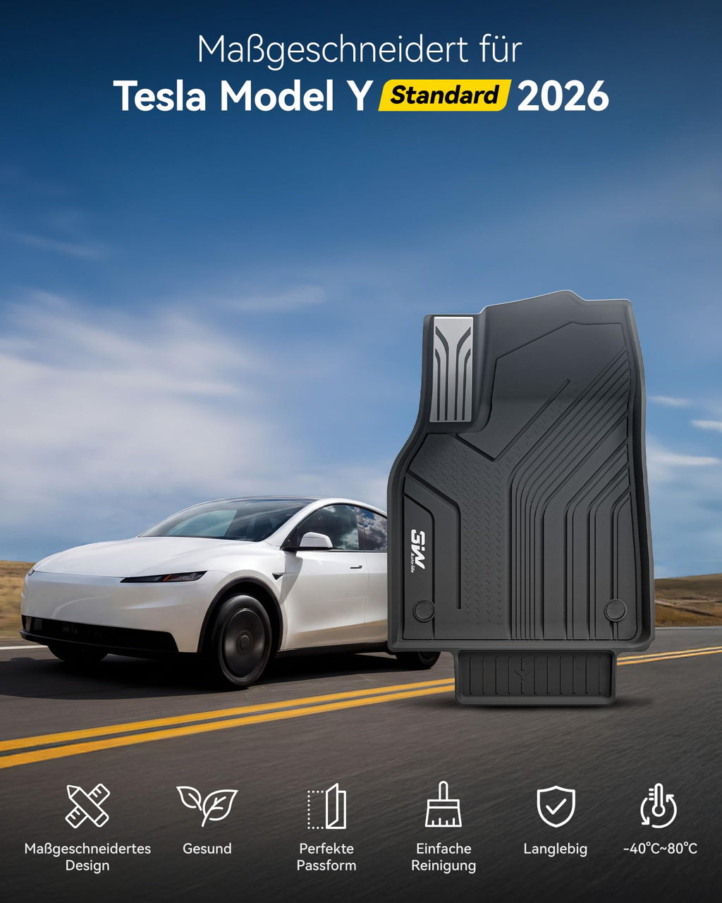 Fußmatten und Kofferraumwanne Set Model Y Standard 2026 6-teilig aus TPE Schwarz wasserdicht rutschfest