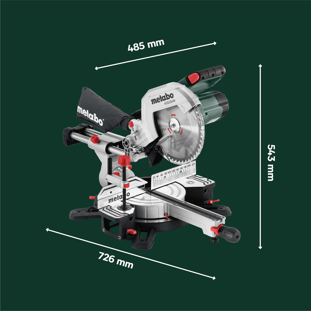 Kapp- und Gehrungssäge KGS 254 M mit Zugfunktion und 254 mm Sägeblatt, inkl. Materialklemme und Spänefangsack