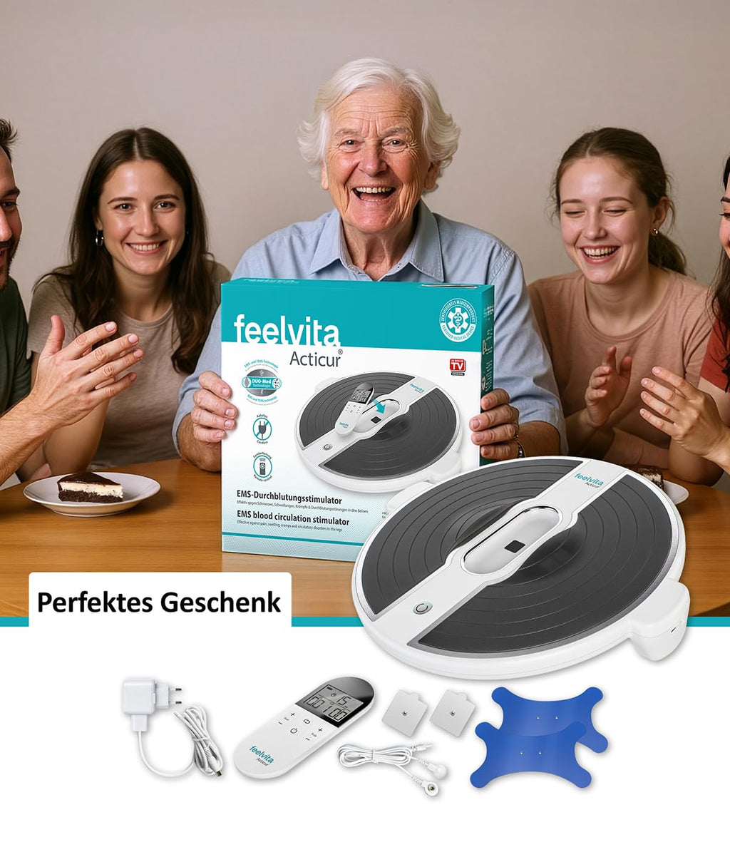 Durchblutungs-Stimulator für Beine und Füße, EMS- und TENS-Gerät mit DuoMeD-Technologie, 9 Massageprogrammen, 20 Intensitätsstufen und 2