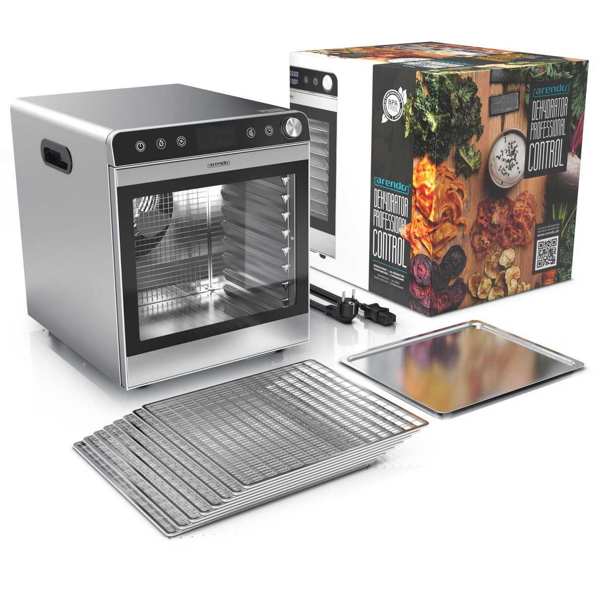 Dörrautomat aus Edelstahl mit 10 Gitterrosten, 8400 cm², 800 Watt, 8 Programme, 30-85°C, Timer, BPA-frei