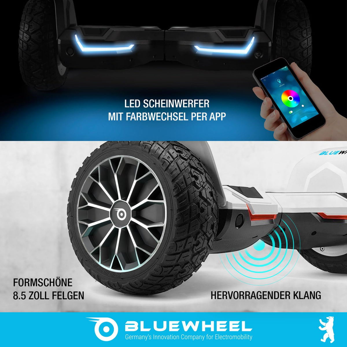 Hoverboard HX510 Offroad mit 700 W Dual-Motor 8,5 Zoll Vollgummireifen Bluetooth-App und Kindersicherheitsmodus