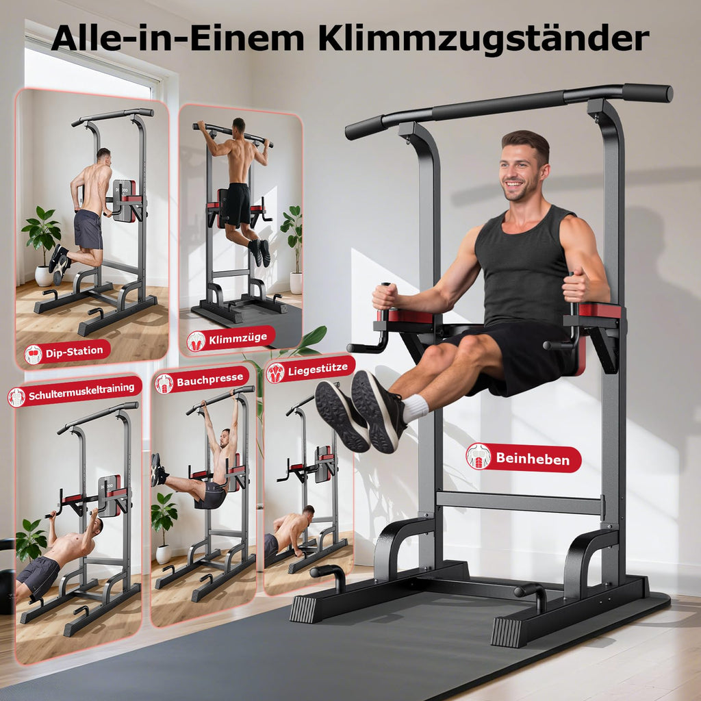 Power Tower Dip-Station mit Klimmzugstange, freistehend, 7-fach höhenverstellbar, bis 200 kg, inkl. Widerstandsband