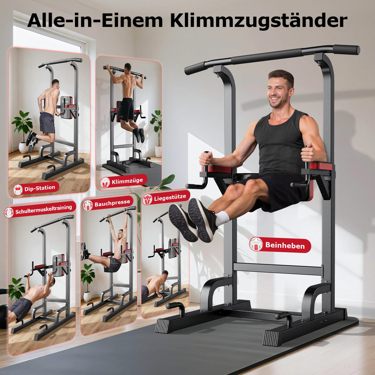 Power Tower Dip-Station mit Klimmzugstange, freistehend, 7-fach höhenverstellbar, bis 200 kg, inkl. Widerstandsband