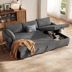 Ecksofa mit Schlaffunktion in L-Form aus Cord, Steingrau, 209 cm breit, mit Stauraum