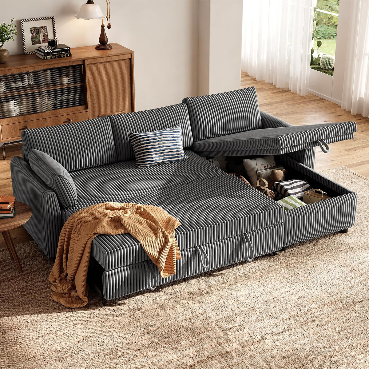 Ecksofa mit Schlaffunktion in L-Form aus Cord, Steingrau, 209 cm breit, mit Stauraum