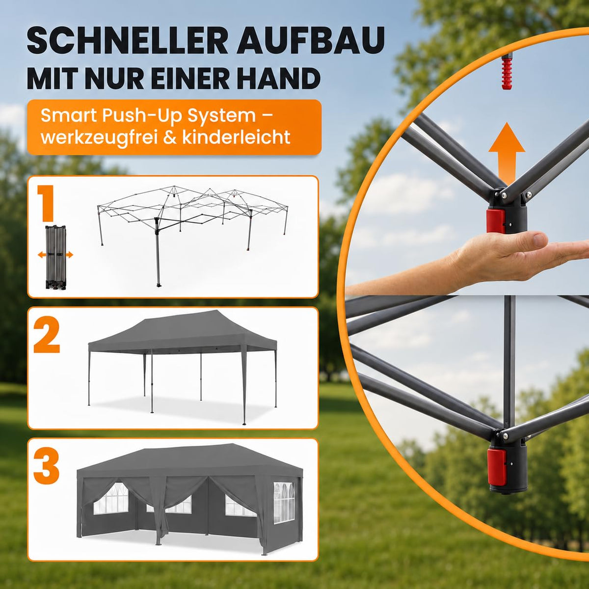 Faltpavillon 3x6 m wasserdicht mit Seitenwänden, OneTouch Aufbau, UV 50+ Schutz, Stahlgestell, Rolltasche, Spannseile und Erdanker, grau