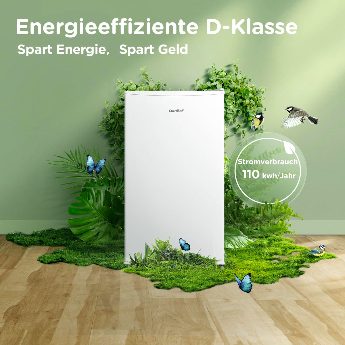 80L Kühlschrank mit Gefrierfach, EEK D, 39 dB, Inverter-Kompressor, freistehend, weiß