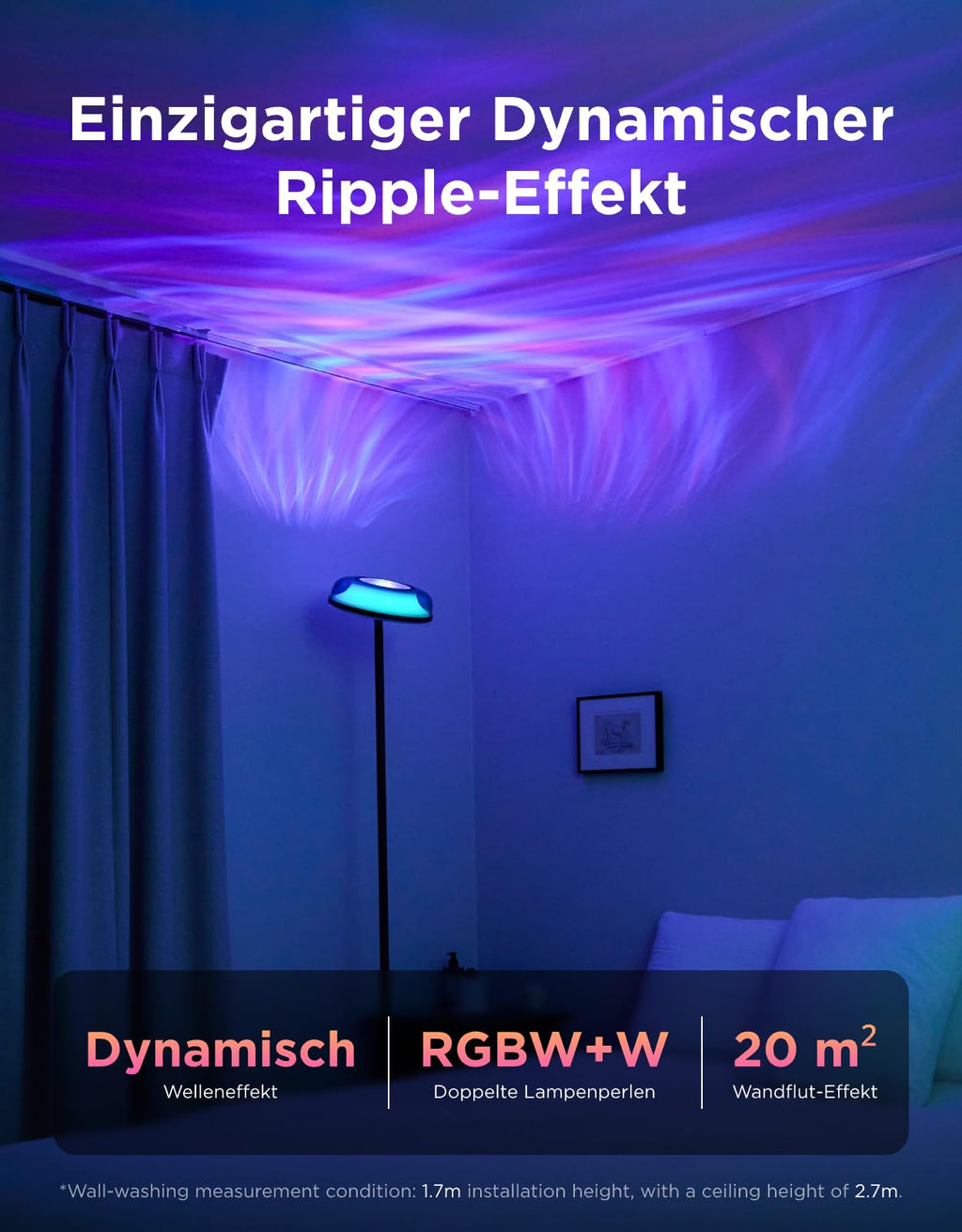 Stehlampe Deckenfluter mit RGBICWW-Wellenbeleuchtung, 330° drehbarer Lampenkopf, 1000 lm, 2700-6500 K, Alexa und Matter
