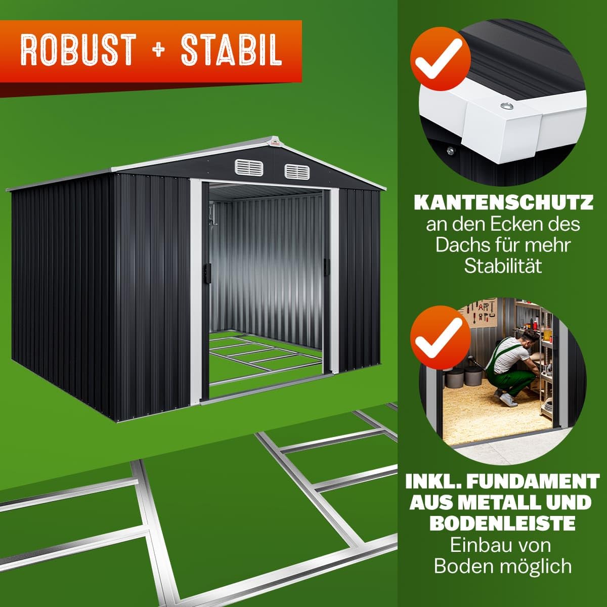 Metall Gerätehaus 260 x 205 x 180 cm mit Fundament Satteldach Schiebetür Belüftungsöffnungen 4 Haken