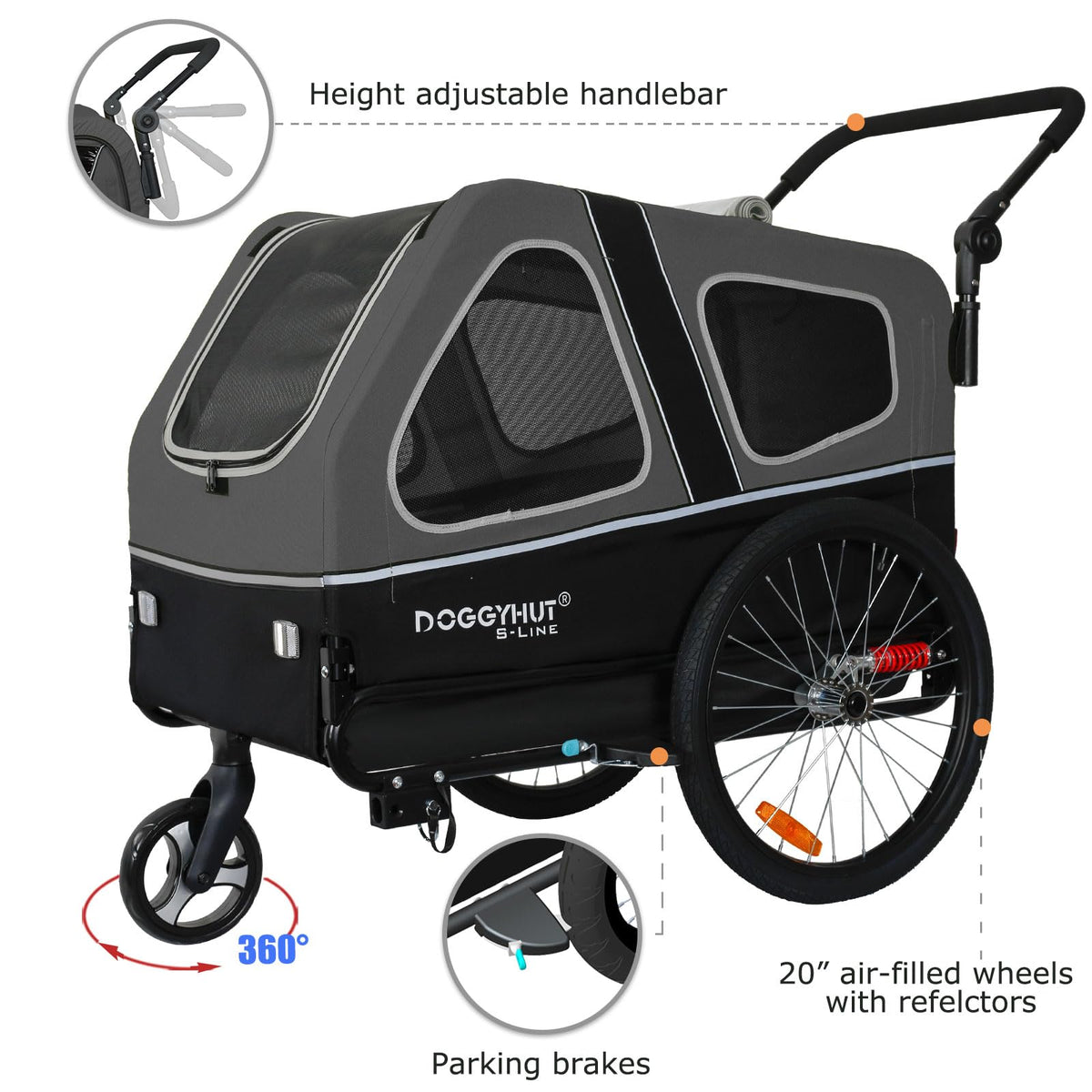 Hundeanhänger & Hundebuggy S-Line XL mit Federung, 2 in 1 Fahrradanhänger und Jogger bis 45 kg