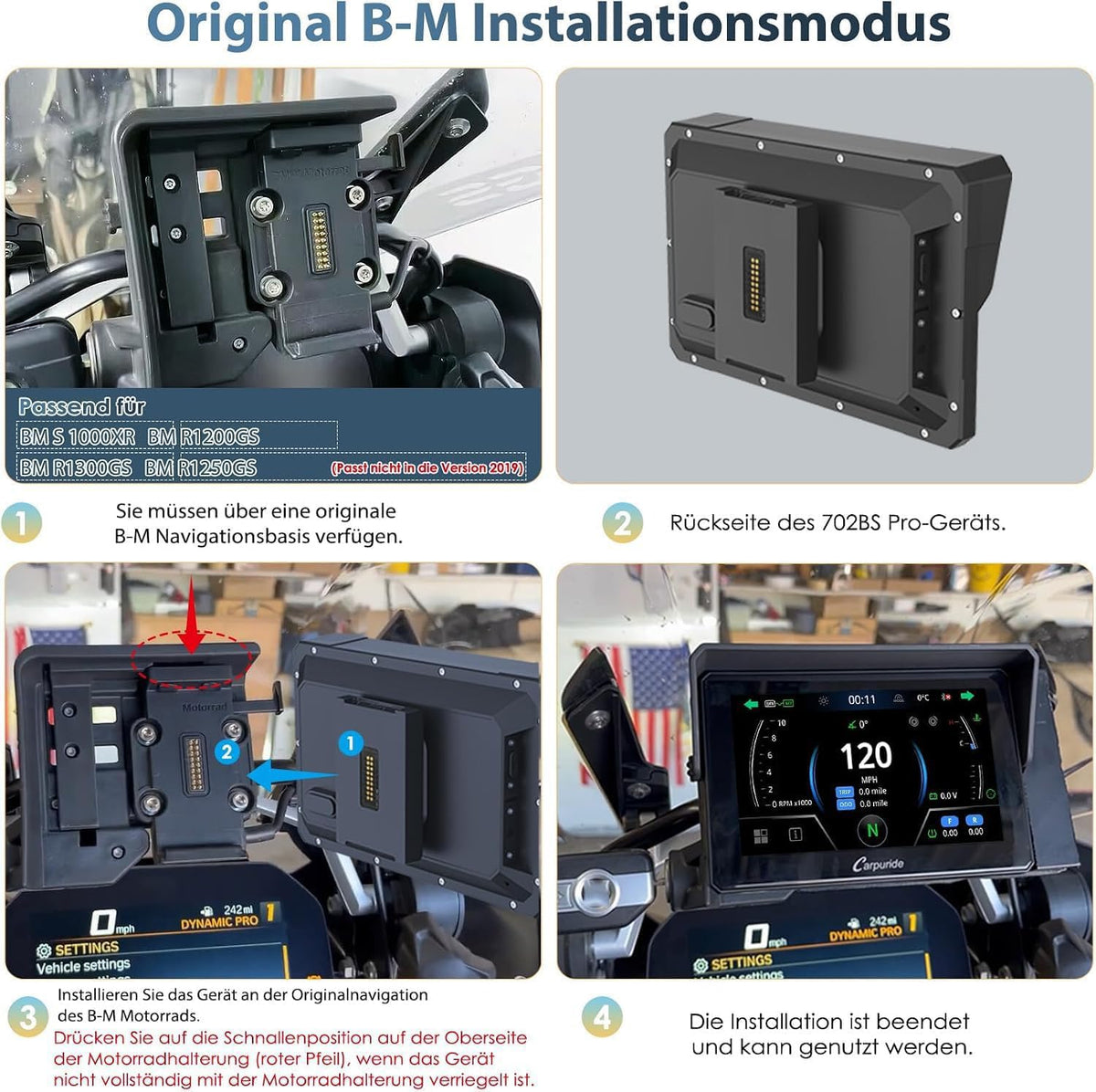 Motorrad CarPlay Display 702BS Pro 7 Zoll 1024 x 600 Wireless CarPlay Android Auto für BMW R1200GS R1250GS S1000XR R1300GS