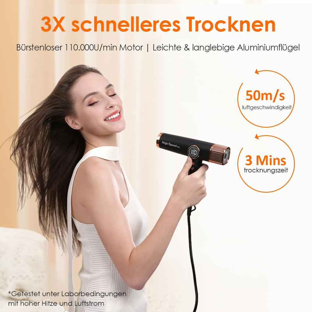 Haartrockner mit bürstenlosem 110.000-RPM-Motor, 1800 W, 330 g, Ionentechnologie, 12 Modi, LED-Display und 3 magnetischen Düsen in Schwarz-Gold