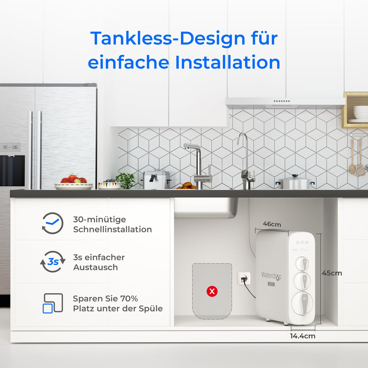 Umkehrosmoseanlage G3P600, 600 GPD, tanklos, mit Smart-Display-Wasserhahn und drei Filtern