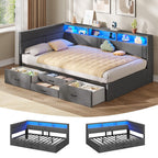 Polsterbett 90x200 cm mit LED-Beleuchtung USB-Ladestationen Stauraum und 4 Schubladen Dunkelgrau