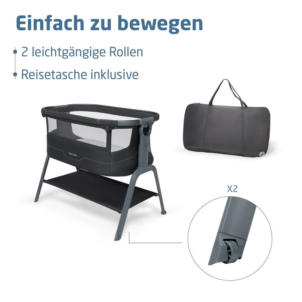 Baby Beistellbett Iora² von 0-6 Monaten mit CloudCore-Matratze, 5 Höhenstufen und Easy Slide, klappbar mit Rollen und Tragetasche, Elegance Graphite