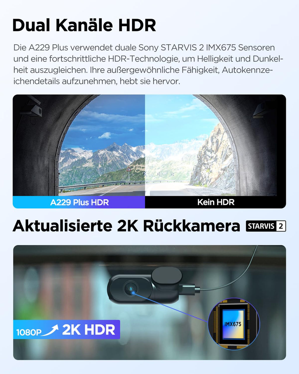 Dashcam A229 Plus 2CH Dual 2K HDR STARVIS 2 5 GHz WLAN GPS Sprachsteuerung 140° Sichtfeld