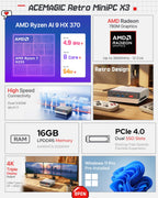 Mini-PC Retro X3 AMD Ryzen 7 H 255 8 Kerne 16 Threads 16 GB LPDDR5-6400 1 TB NVMe PCIe 4.0 Radeon 780M WiFi 6E 2.5G LAN Windows 11 Pro