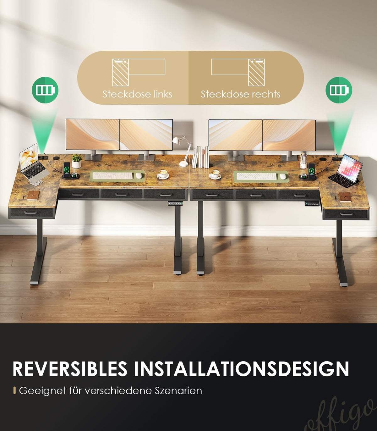 Eckschreibtisch höhenverstellbar elektrisch L-Form 160 x 80 cm mit 4 Schubladen, Steckdose und USB in Braun