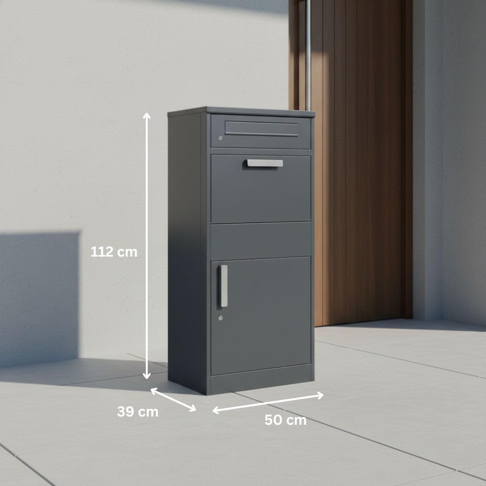 Freistehender Paketbriefkasten XXL mit Paketfach und Briefkasten, abschließbar, anthrazit, 112 cm hoch, inkl. 2 Schlüssel pro Schloss und Bodendübel