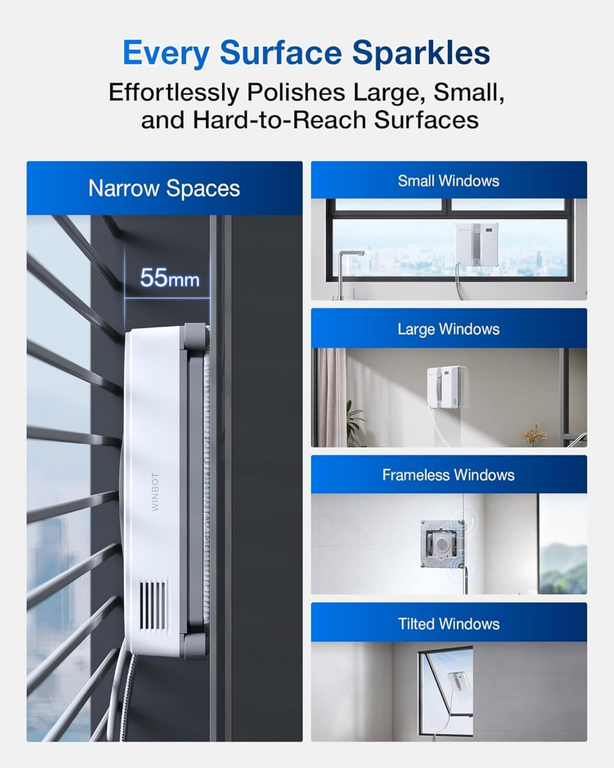 Fensterputzroboter WINBOT MINI für kleine Fenster, grau, mit App-Steuerung und Ultraschall-Wassersprüh-System