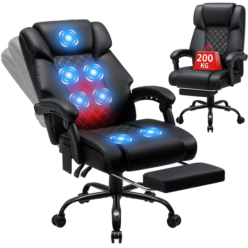 Ergonomischer Bürostuhl mit Massage- und Heizfunktion, schwarzer Chefsessel bis 200 kg mit Fußstütze und 135° neigbarer Rückenlehne