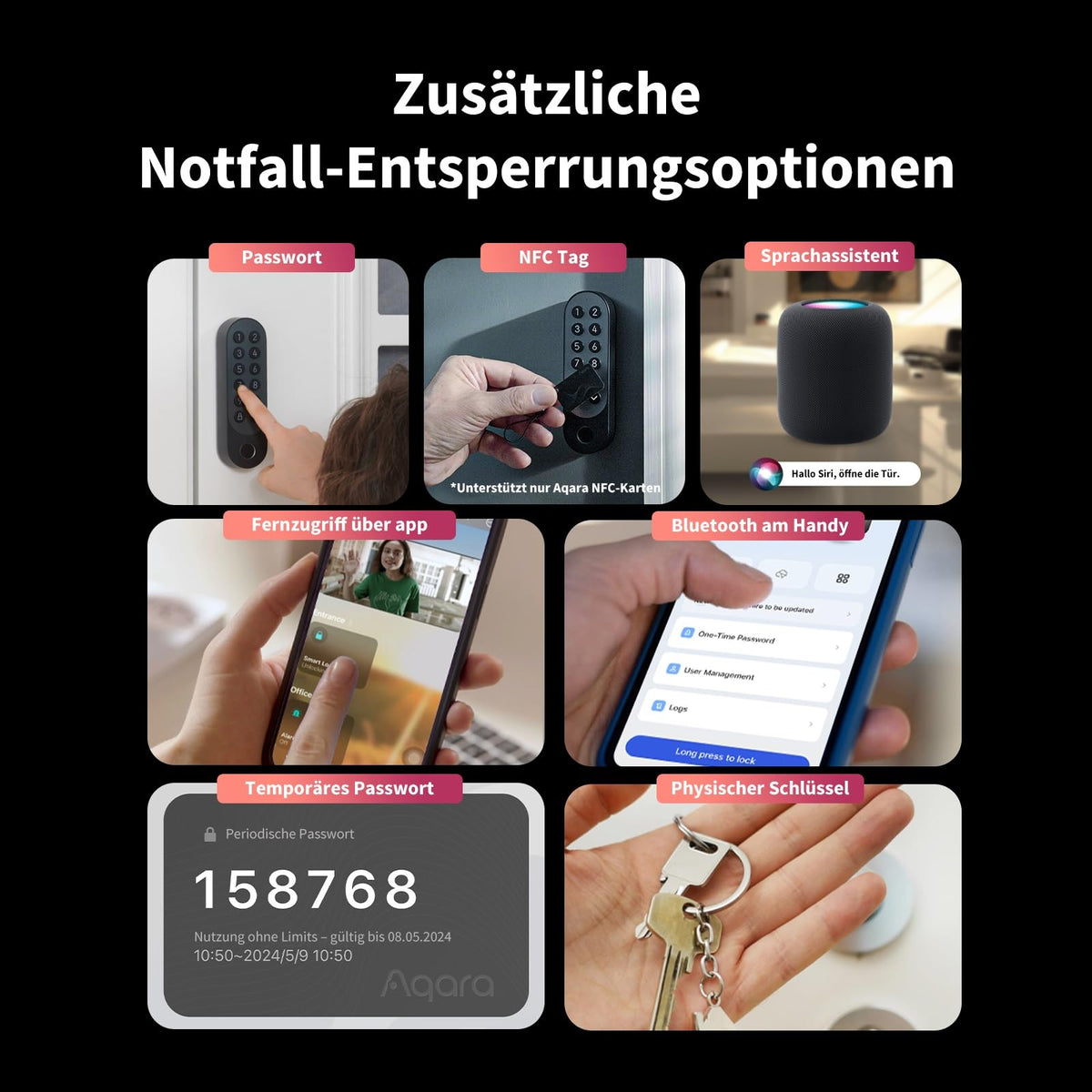 Smart Türschloss U200 Apple Home Key Matter over Thread Fingerabdruck 25 Passwörter NFC Auto-Lock Bluetooth WLAN Schwarz