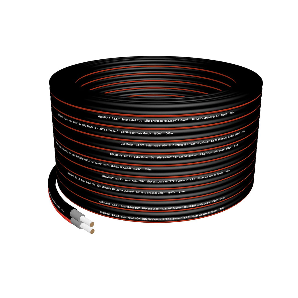 Solarkabel Duplex 6 mm² Kupfer 1000 V 50 m Schwarz Rot Mehrstrangkabel flexibel UV-beständig witterungsbeständig für Photovoltaikanlagen