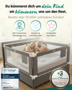 Bettgitter Rausfallschutz für Boxspringbett 180x200 cm, 3-Seiten-Komplettset mit Stange, höhenverstellbar 74-95 cm, grau