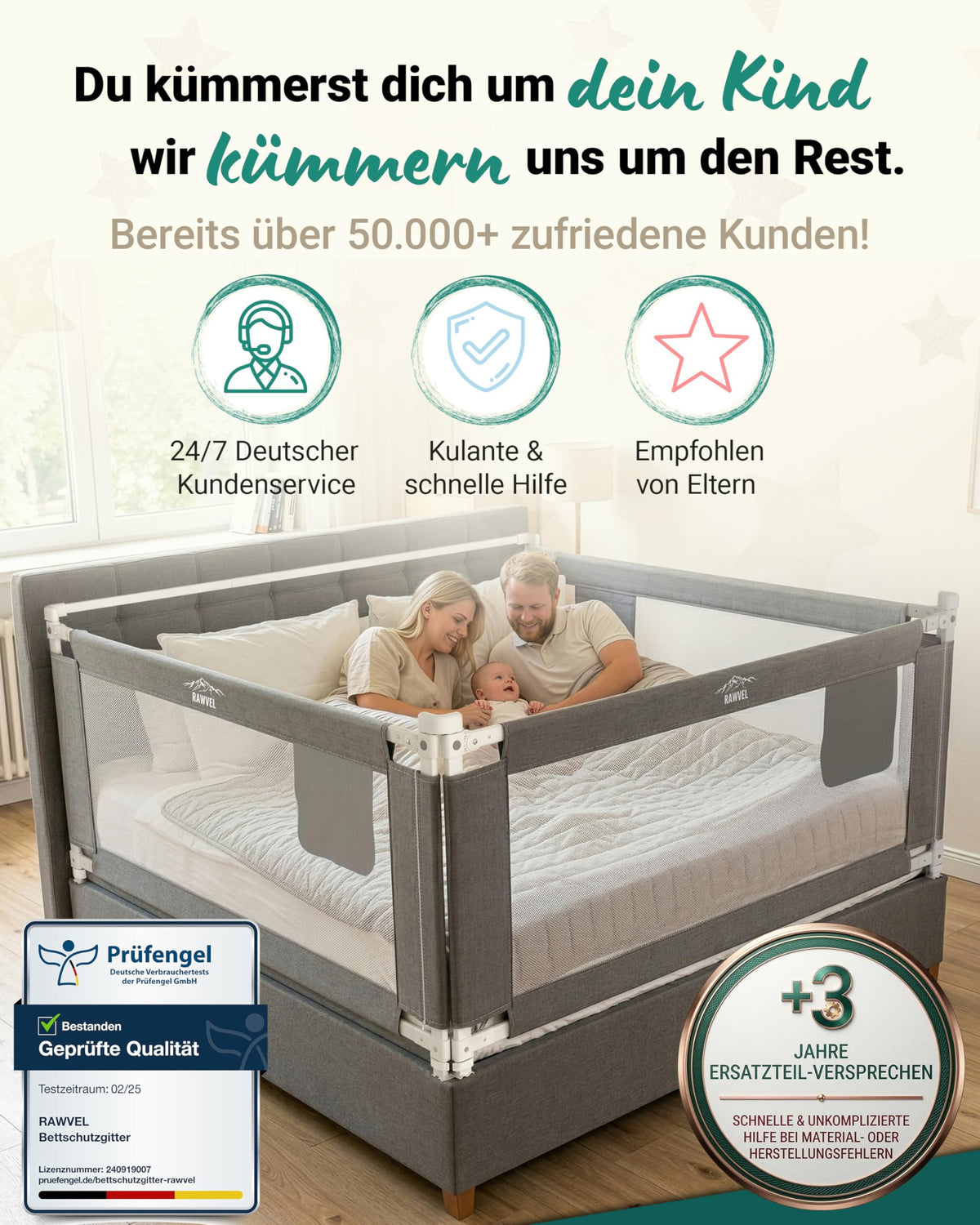 Bettgitter Rausfallschutz für Boxspringbett 180x200 cm, 3-Seiten-Komplettset mit Stange, höhenverstellbar 74-95 cm, grau