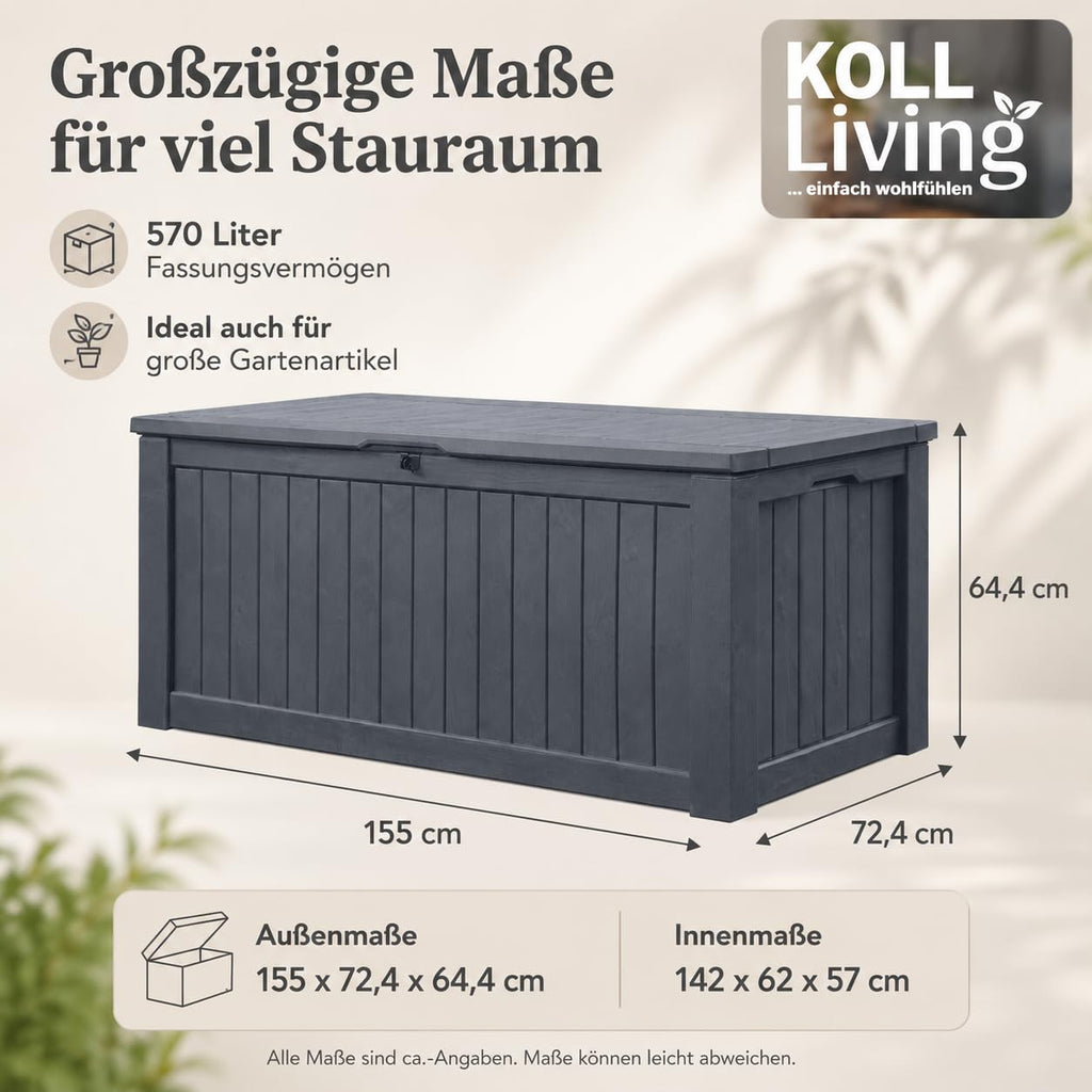 Auflagenbox 570 L aus Kunststoff in Anthrazit mit Holzoptik, wasserdicht und belüftet, Deckel bis 250 kg belastbar