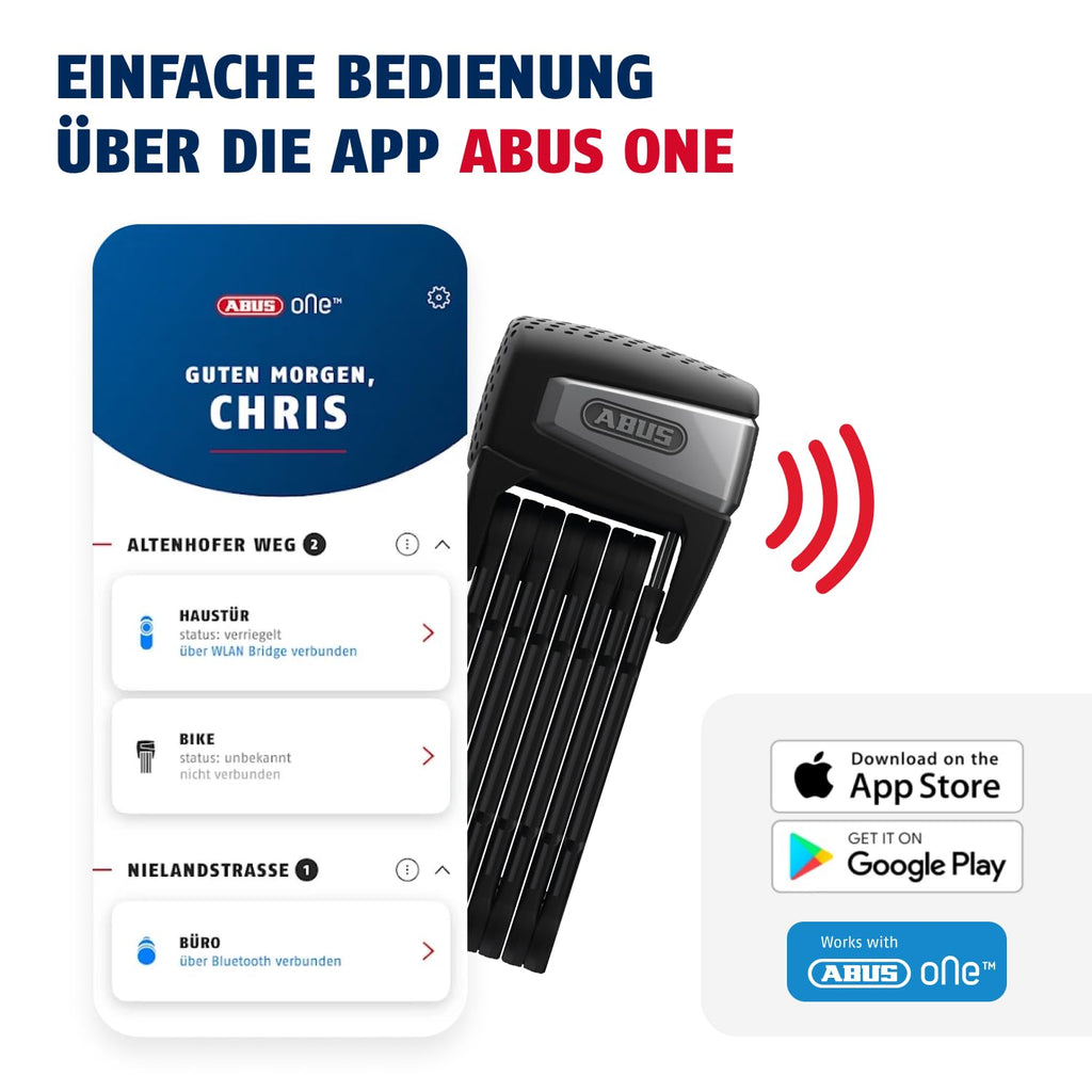 Faltschloss mit Alarm und Smartphone-Öffnung, 110 cm, Sicherheitslevel 15, inkl. Halter und Ladekabel