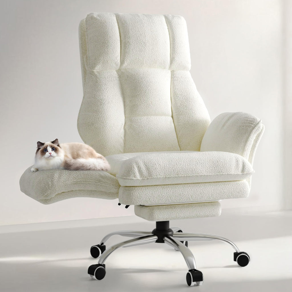 Bürostuhl mit Fußstütze und 135° verstellbarer Rückenlehne, Home Office, Teddy-Stoff