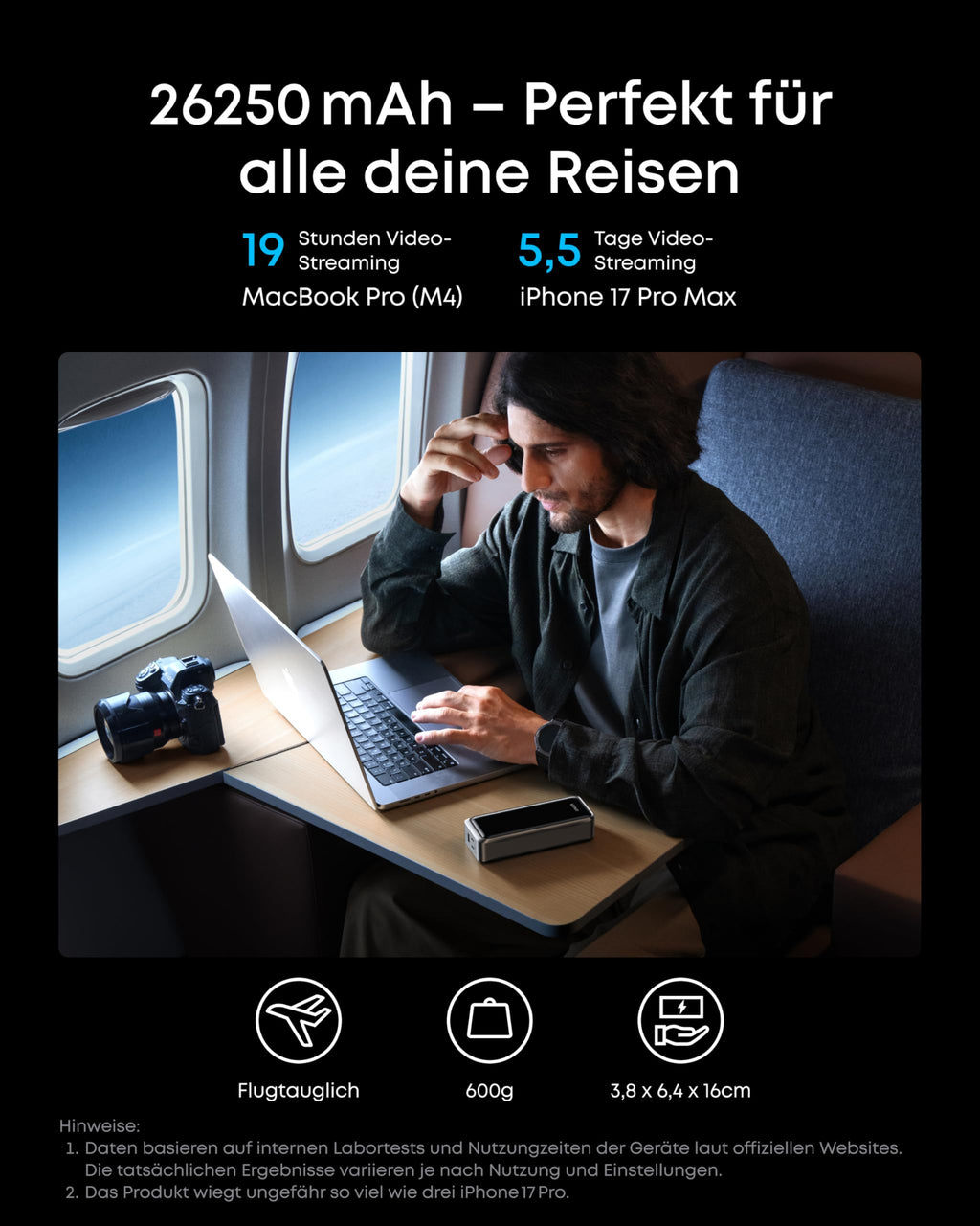 Powerbank 26250 mAh 300 W Maximalleistung 140 W USB-C Schnellladung bidirektionales Laden mit Display 99,75 Wh