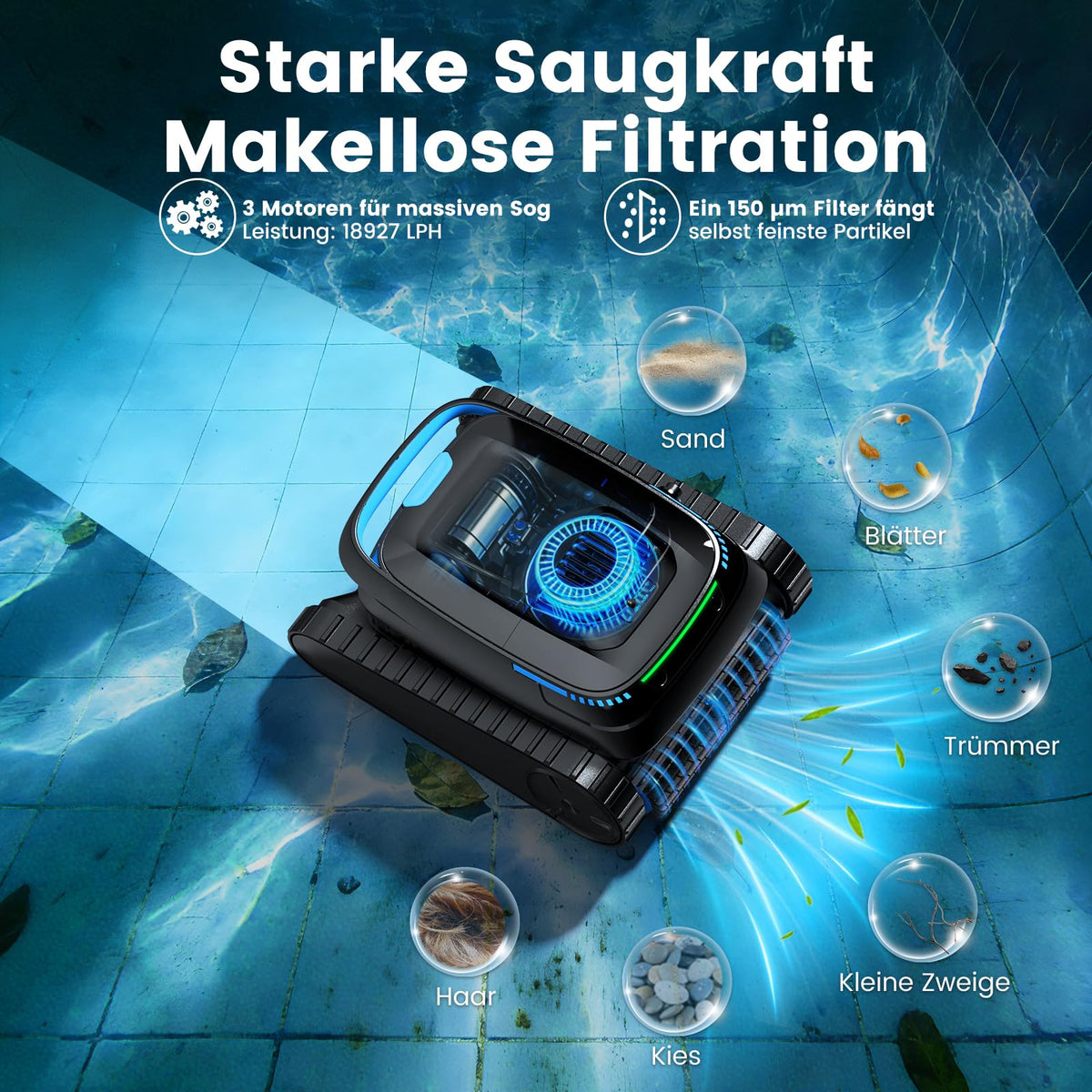 Kabelloser Poolroboter PC10 für Boden, Wand und Wasserlinie, 18.927 LPH Saugleistung, 4-Liter-Filterkorb