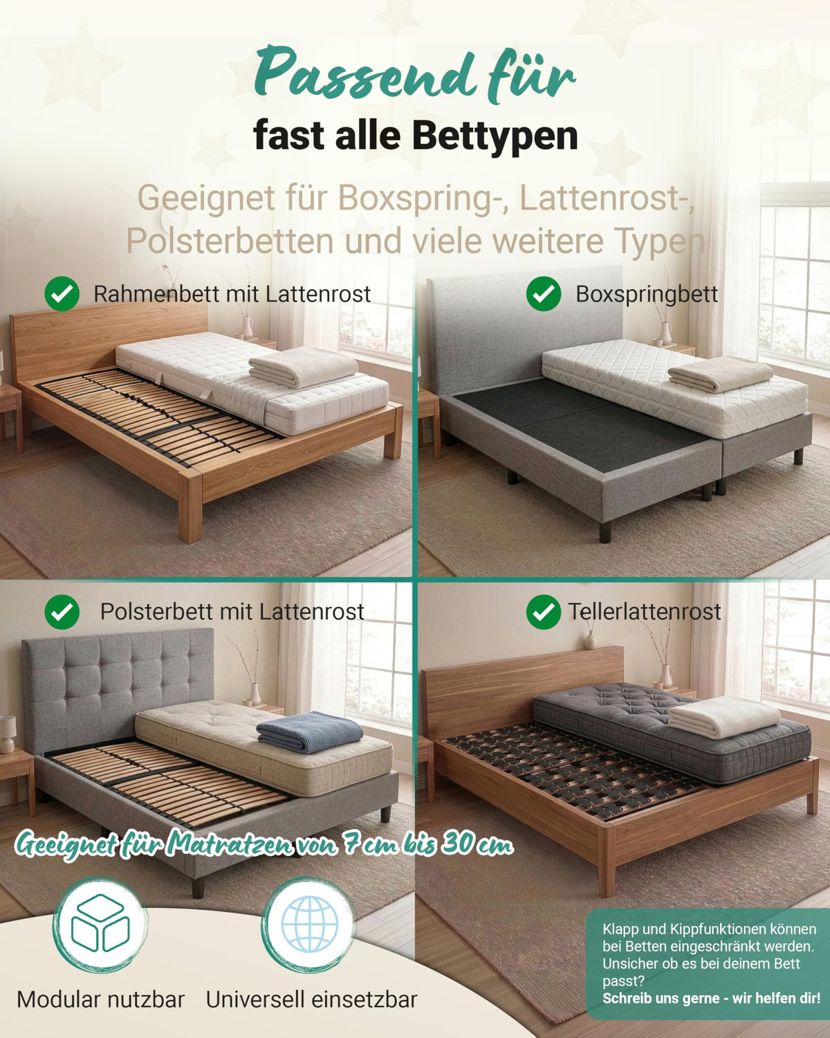 Bettgitter Rausfallschutz für Boxspringbett 180x200 cm, 3-Seiten-Komplettset mit Stange, höhenverstellbar 74-95 cm, grau
