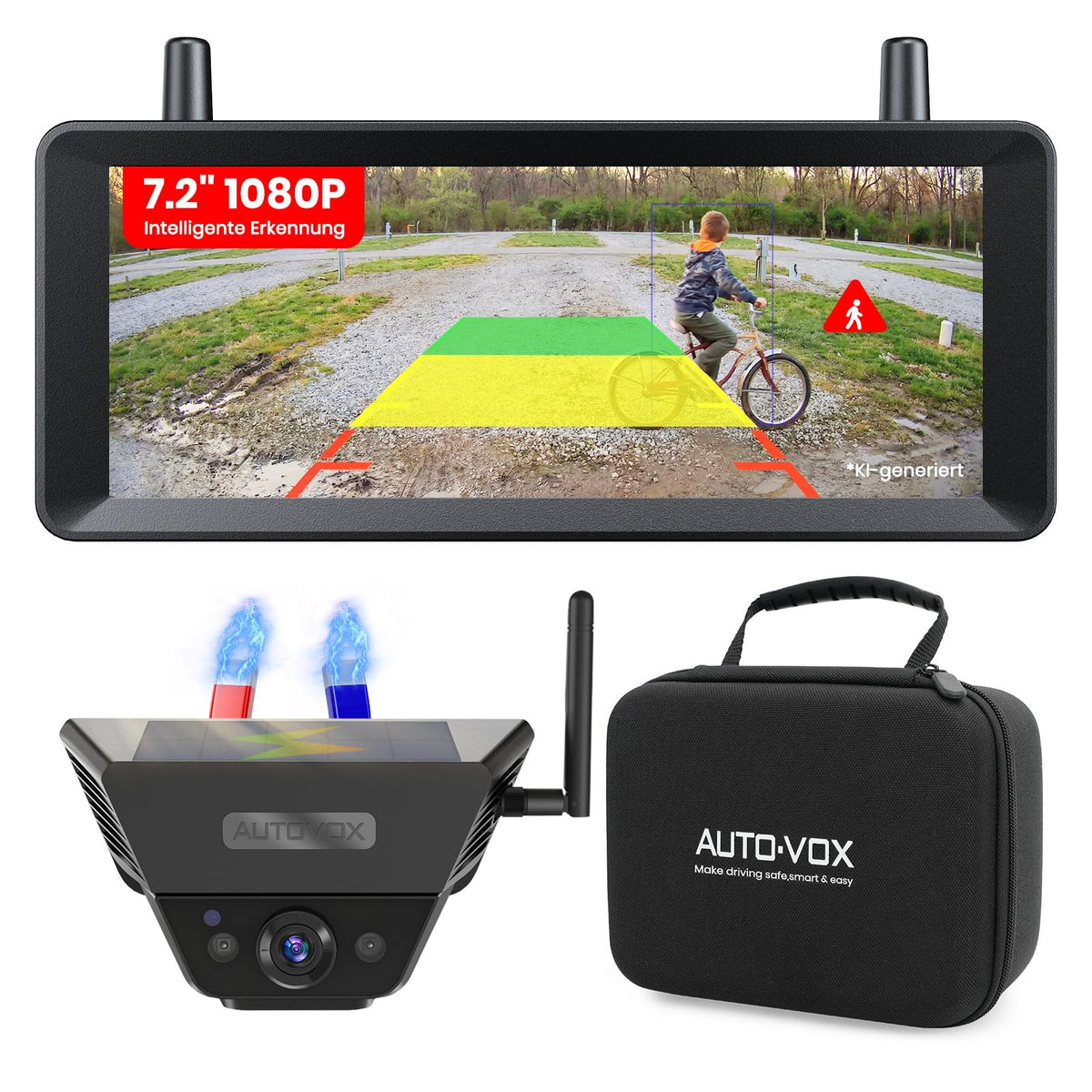 Kabellose Solar-Rückfahrkamera mit KI-Warnungen und 1-Min-Magnetmontage, 7,2"""" 1080P