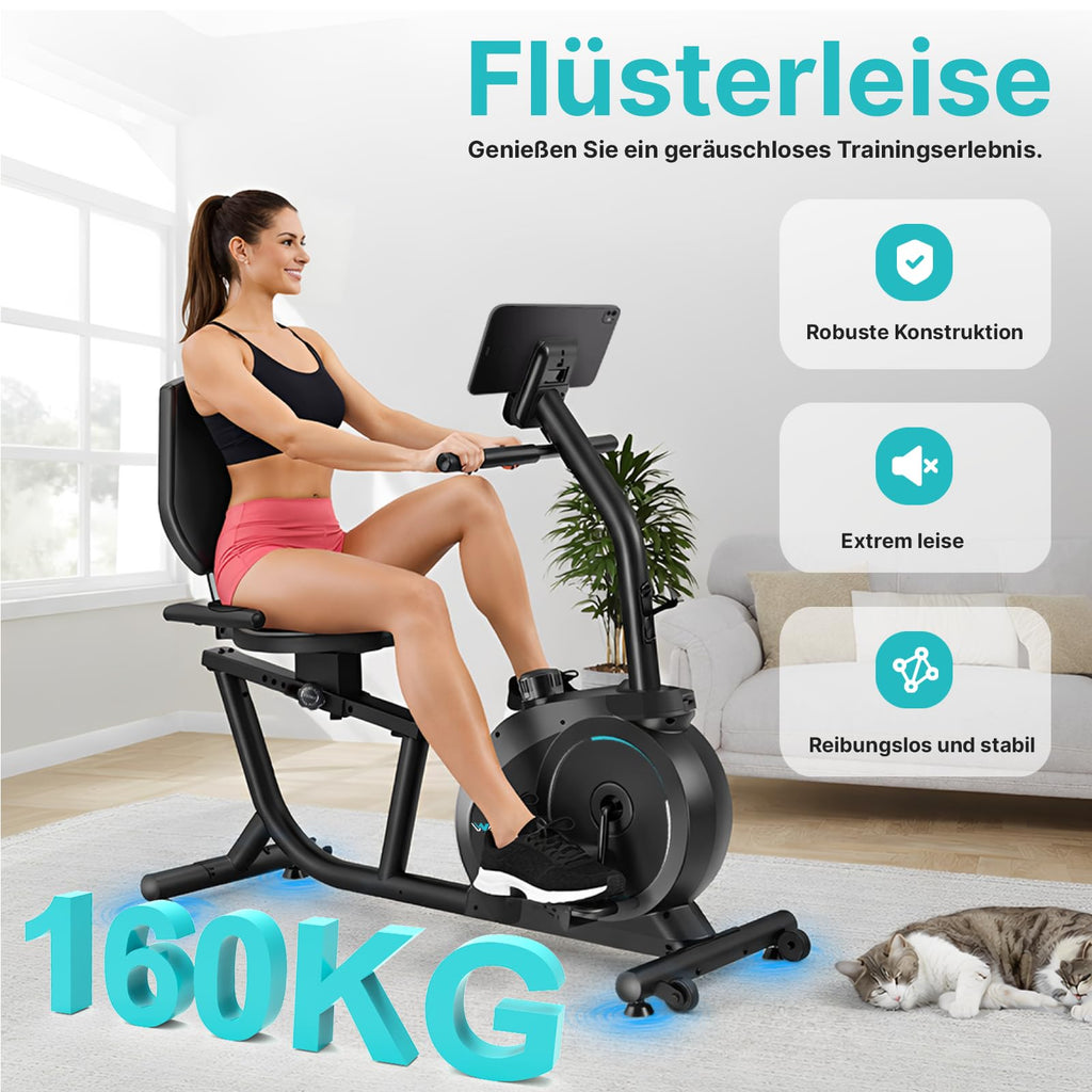 Liegeergometer mit 16 magnetischen Widerstandsstufen und LCD-Anzeige, bis 160 kg, verstellbarer Sitz und Lenker