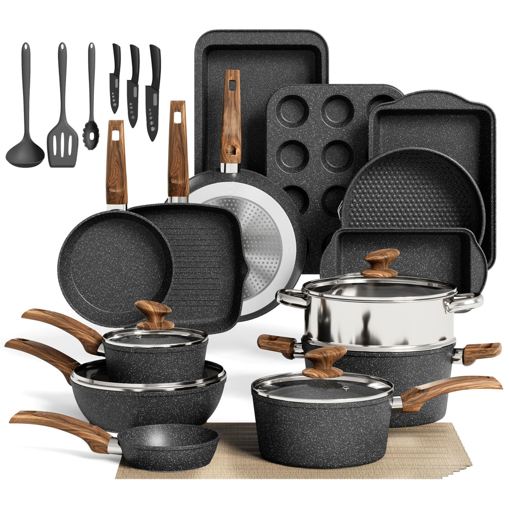 30-teiliges Topfset mit Granit-Antihaftbeschichtung, induktionsgeeignet, inklusive Pfannen, Töpfen, Backformen und Küchenhelfern